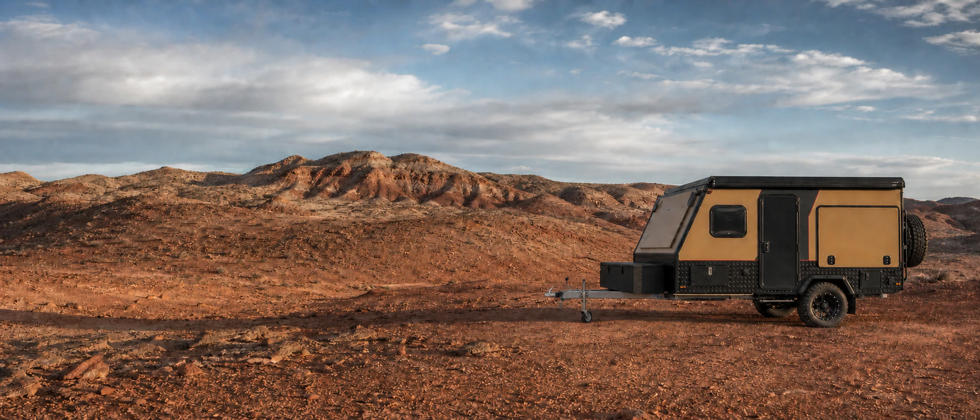 AOZI off-road caravan on a red-earth mountain route