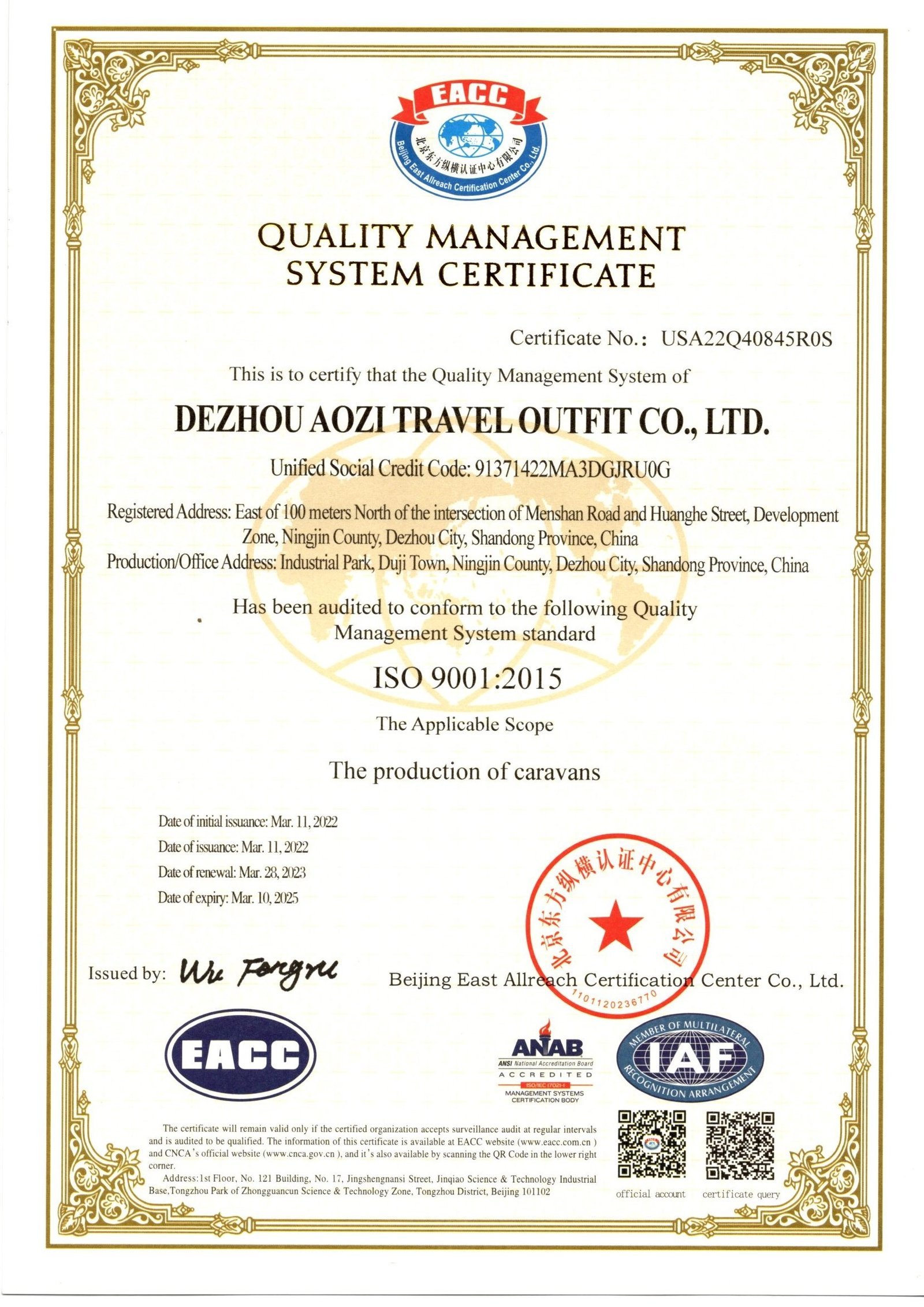 Original ISO 9001:2015 certificate