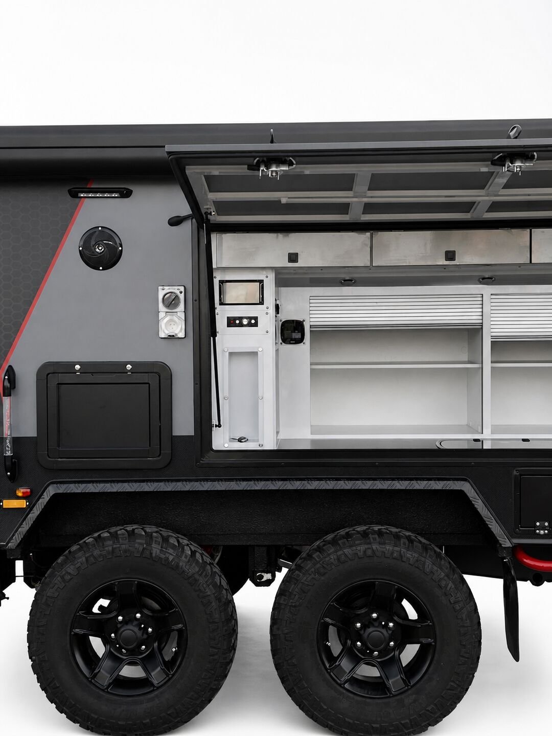 Vehicle, exterior kitchen, spare tyres, interior and control-system details 1