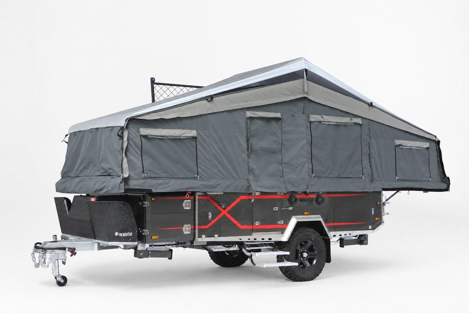 Double-fold camper trailer open front three quarter view