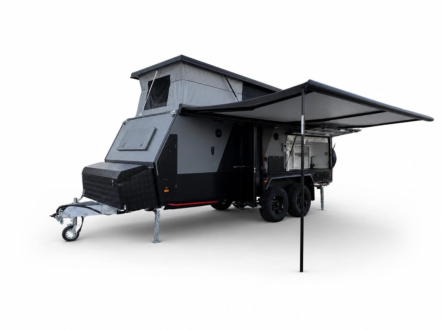 17 foot hybrid caravan front three quarter awning view